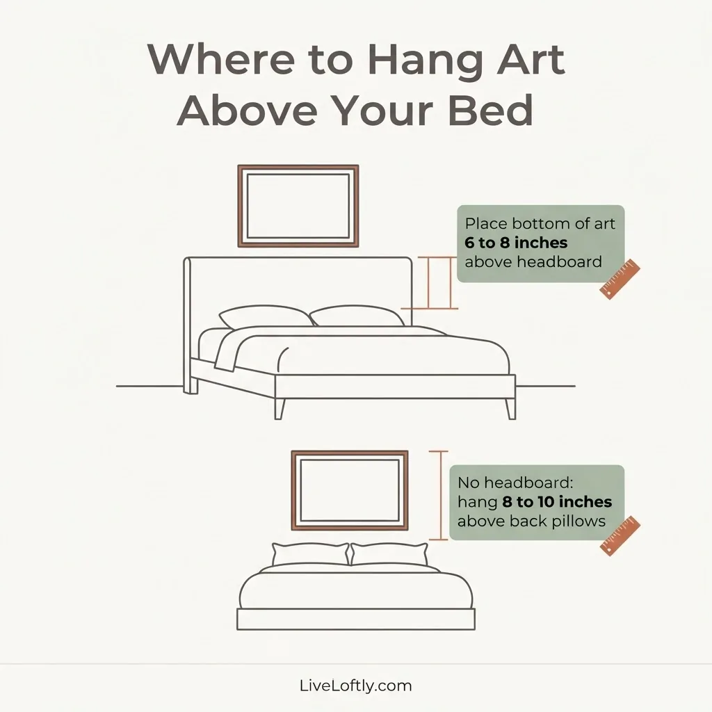 Diagram showing correct art hanging height above a bed headboard with measurements for 6 to 8 inches above headboard and 8 to 10 inches above pillows with no headboard