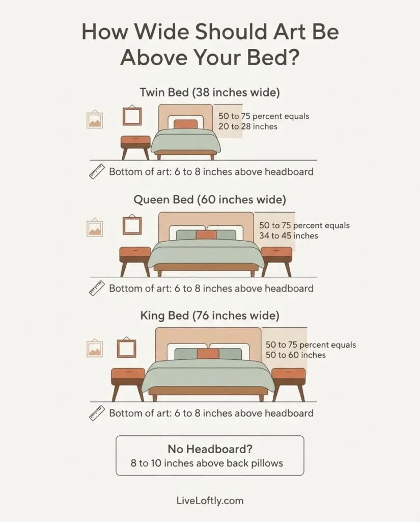 Infographic diagram showing the 50 to 75 percent width rule for art above twin queen and king beds with hanging height measurements