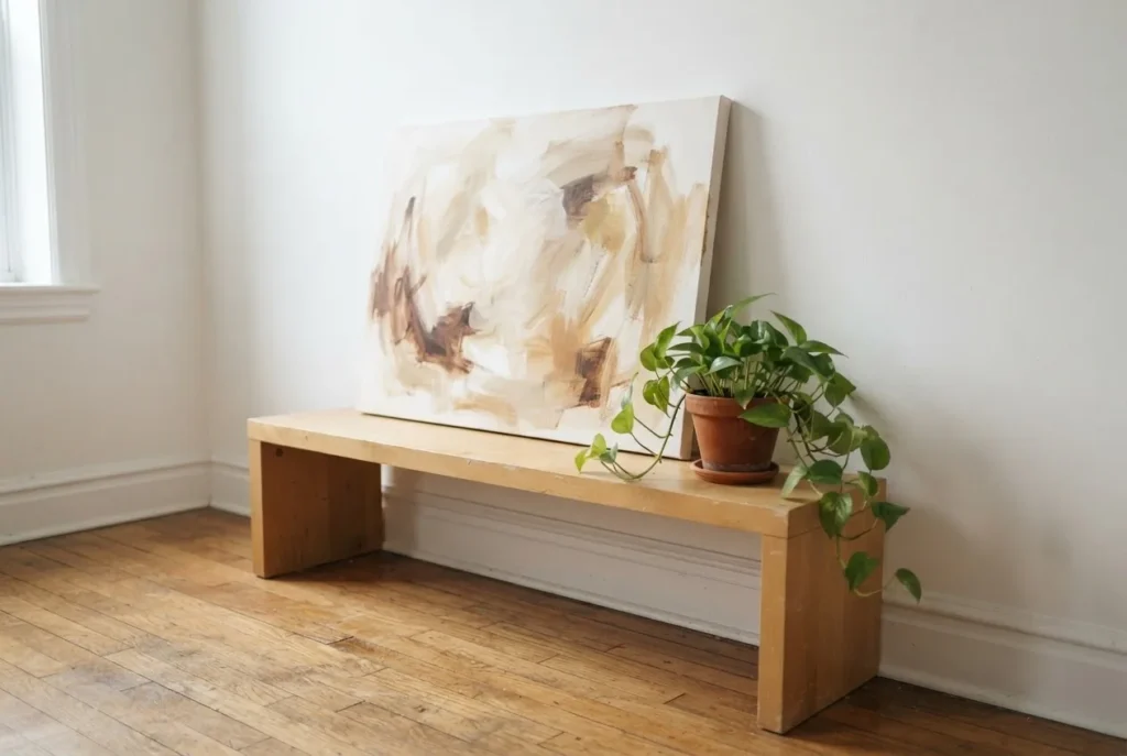 Small rented apartment corner with a large gestural abstract canvas print leaning against a white wall above a wood console, warm neutral tones