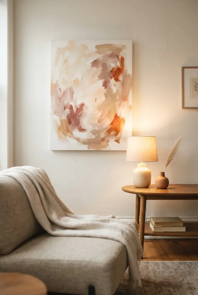 Cozy living room corner styled with a large abstract canvas painting, warm table lamp, linen throw, and small ceramic vase on a wood side table, natural light