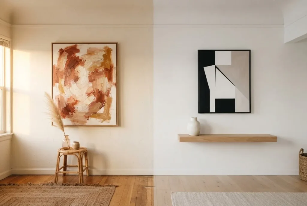 Side-by-side styled vignettes comparing warm gestural boho abstract canvas art and a clean minimalist geometric abstract canvas in a modern room