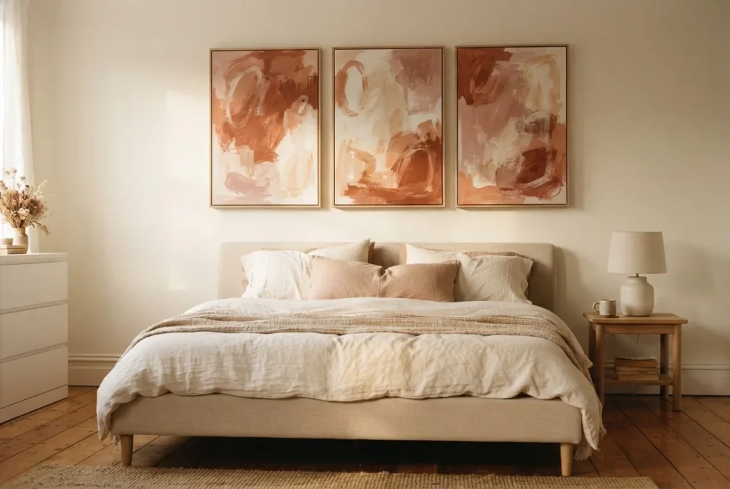 Warm boho bedroom with a triptych of abstract canvas panels in terracotta, rust, and cream above a linen upholstered bed, soft natural morning light