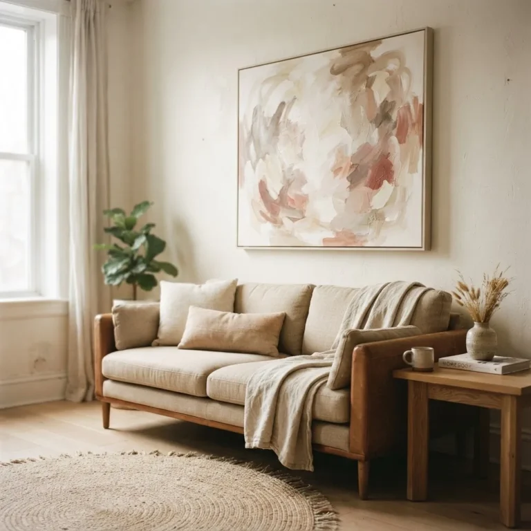 Neutral boho living room with large abstract canvas wall art in cream and warm taupe above a linen sofa, natural window light