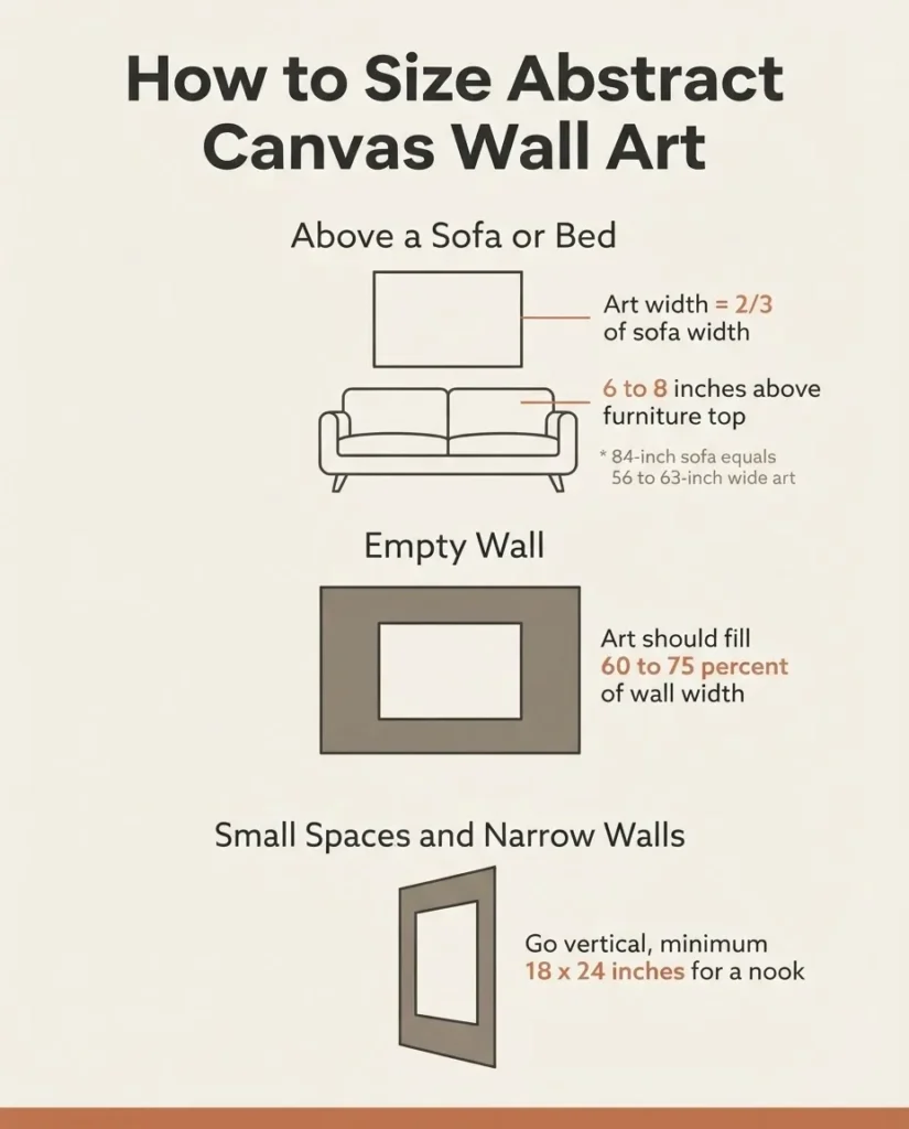 Infographic showing abstract canvas wall art sizing rules, including the two-thirds sofa rule, 60 to 75 percent empty wall rule, and small space recommendations
