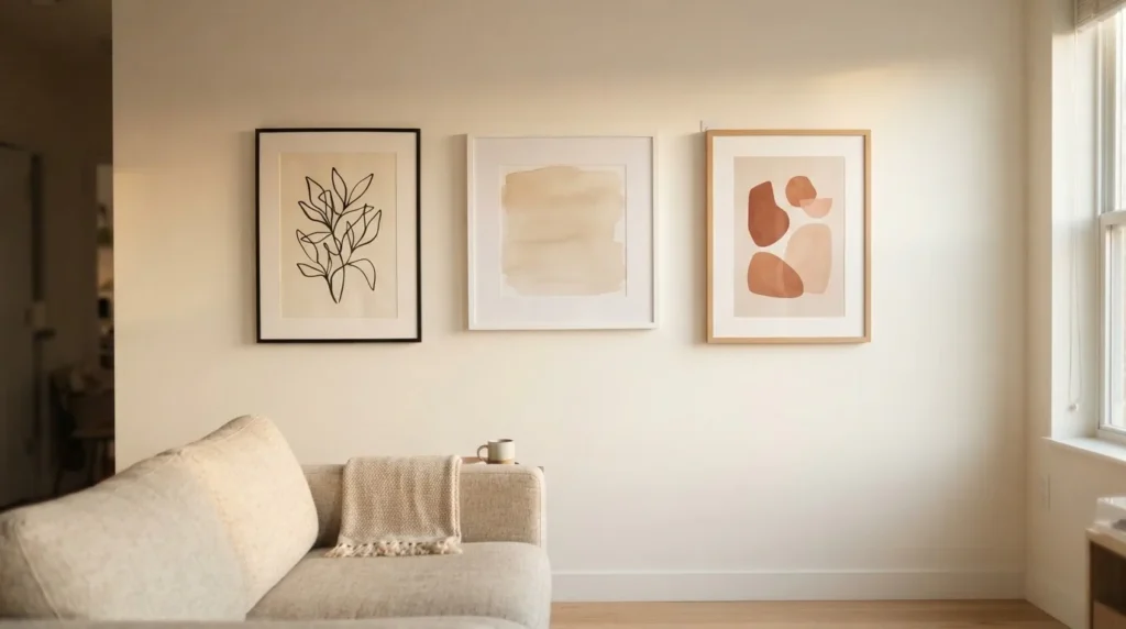 Small apartment gallery wall of three framed prints hung with adhesive strips on smooth white drywall, warm afternoon light, minimal boho styling