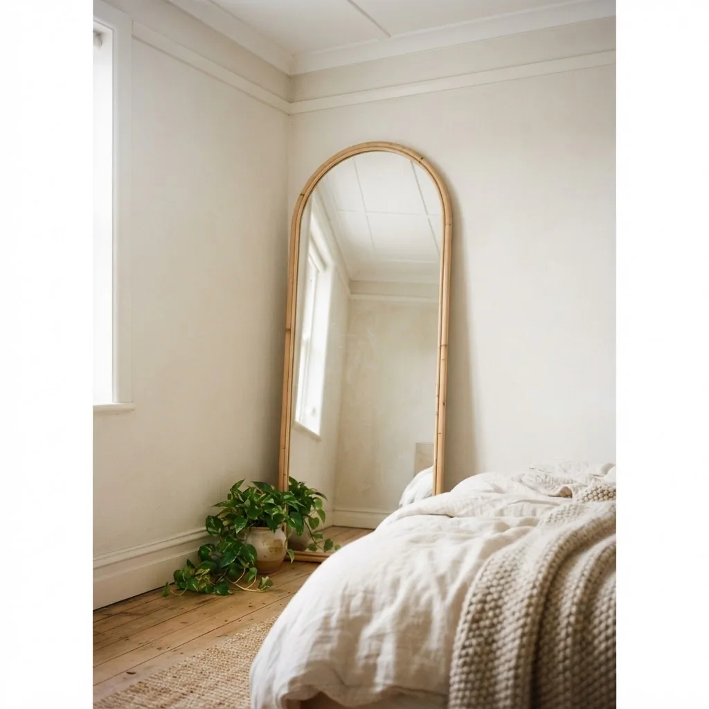 tall arched mirror leaning in the corner of a small bedroom with low ceilings drawing the eye upward to create the illusion of height