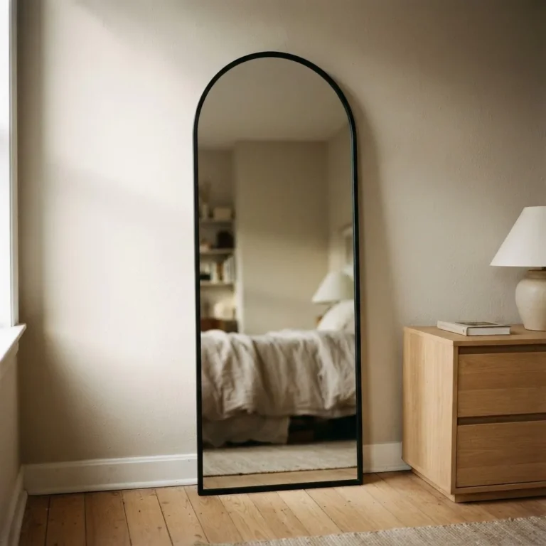 Black arched full-length floor mirror leaning against a neutral bedroom wall in a small apartment, showing scale and natural light