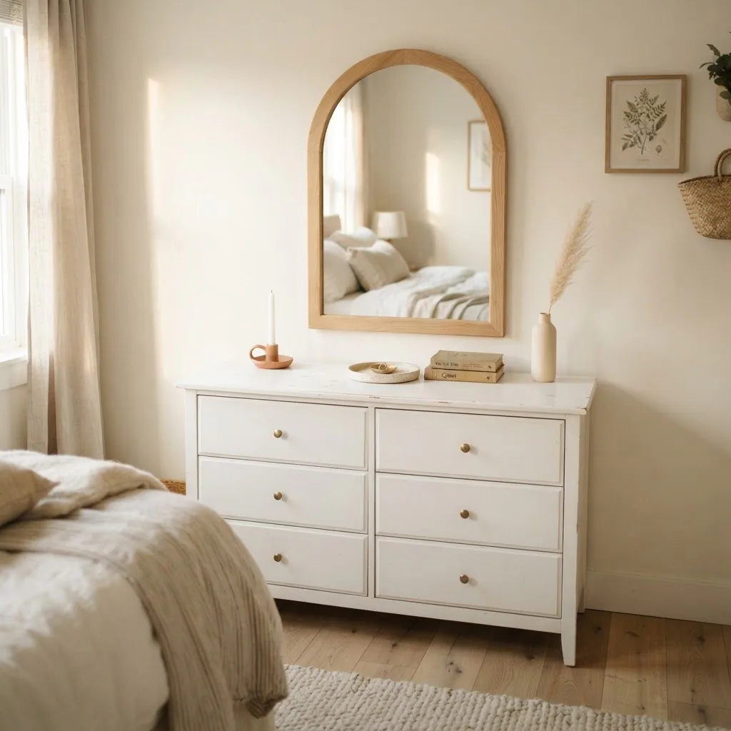 Arched mirror in a natural wood frame above a white dresser in a calm boho bedroom, styled with a small tray, candle, and dried pampas grass, soft morning light from a side window