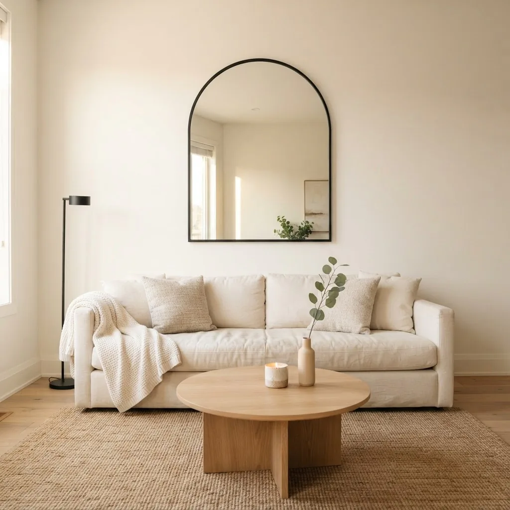 Large arched mirror with matte black frame centered above a cream linen sofa in a calm minimalist living room, reflecting window light, styled with a ceramic vase and soft throw