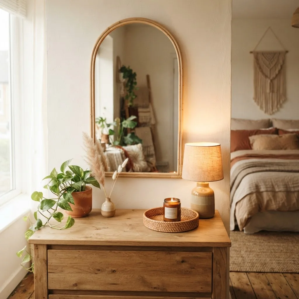Arched wood-frame mirror above a natural wood dresser in a warm boho bedroom corner, rattan accents, small pothos plant, warm ambient light, calm rental-friendly styling
