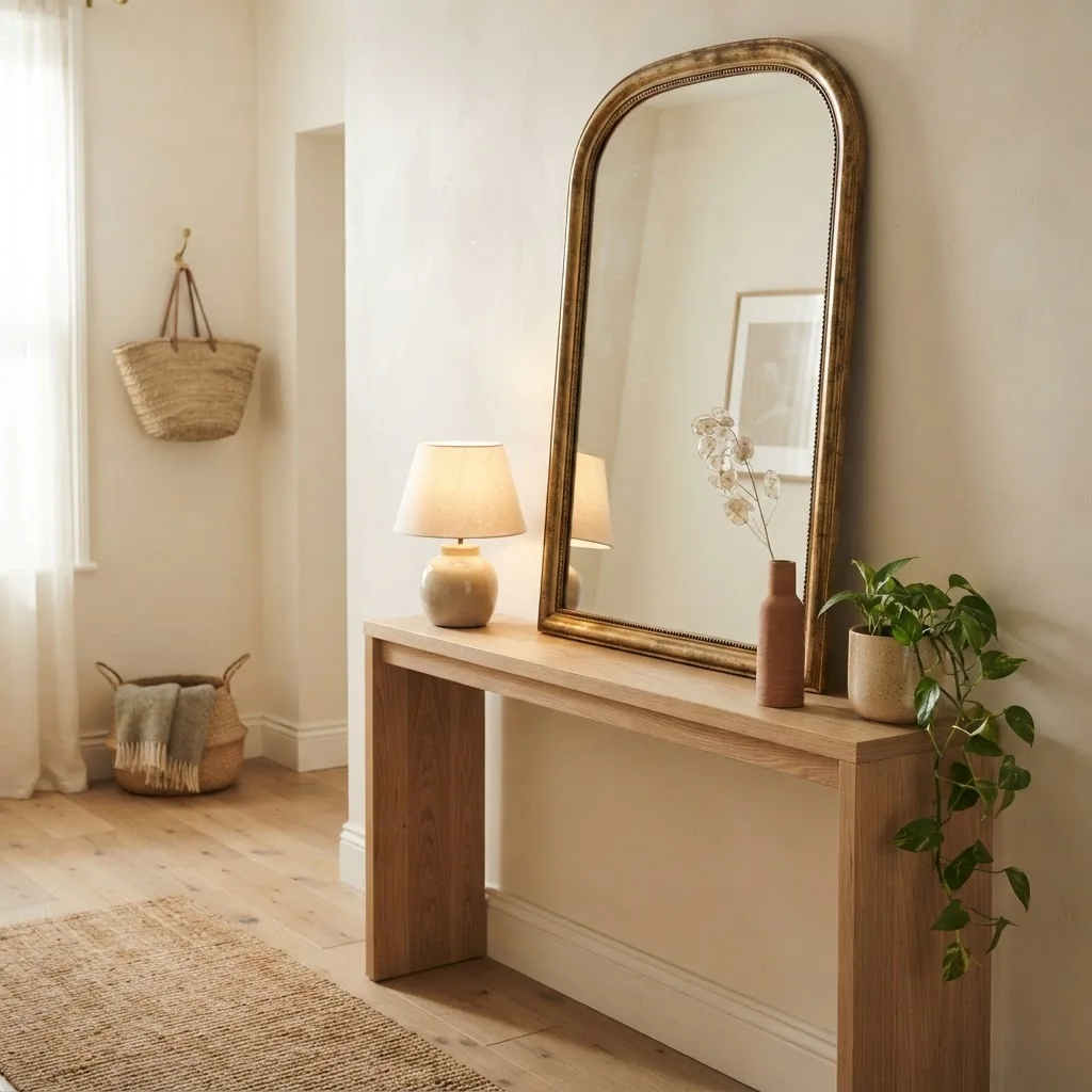 Tall arched mirror with warm gold frame above a narrow wooden console table in a bright rental entryway, styled with a small lamp, ceramic vase, and trailing plant, calm natural light