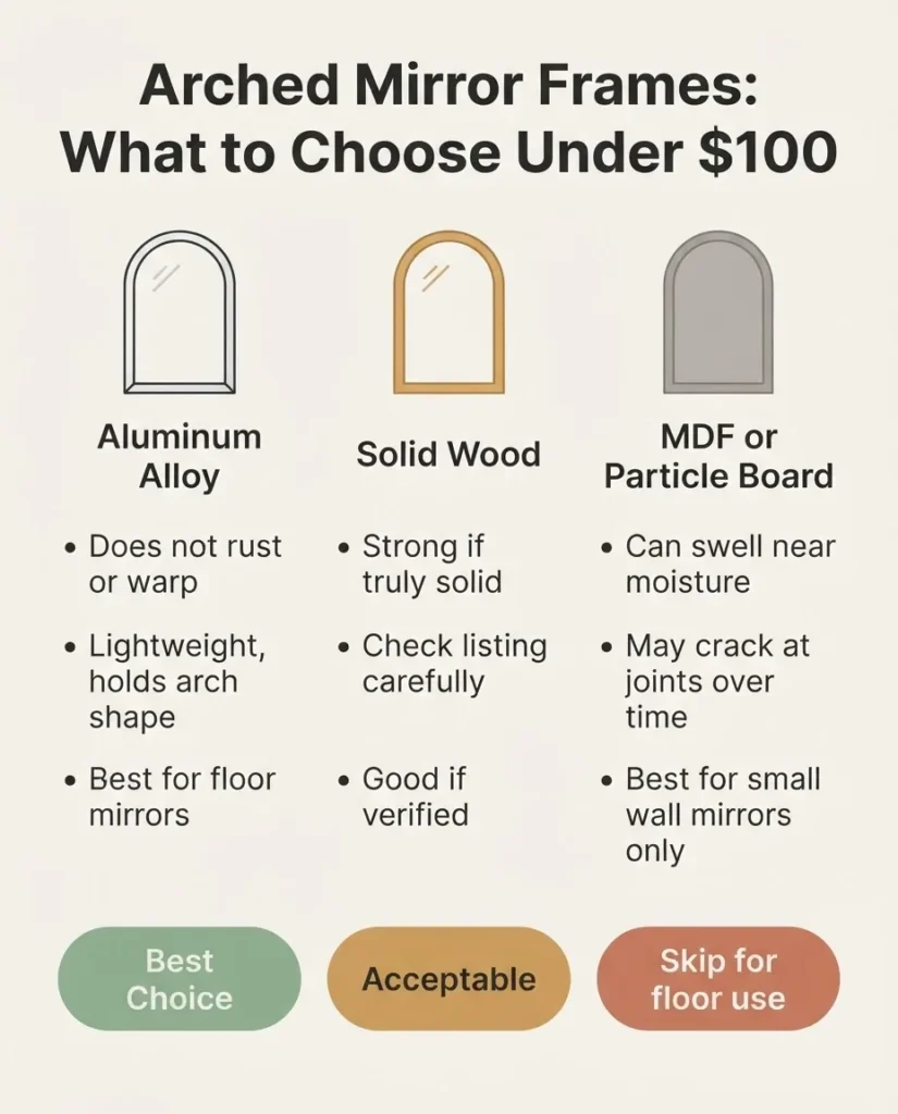 Infographic comparing aluminum alloy, solid wood, and MDF frame materials for budget arched floor mirrors, showing pros, cons, and best use