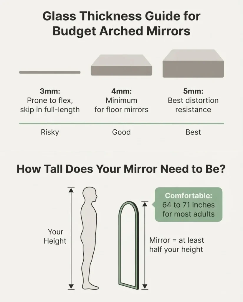 Diagram showing mirror glass thickness comparison from 3mm to 5mm and minimum height sizing rule for a full-body arched floor mirror