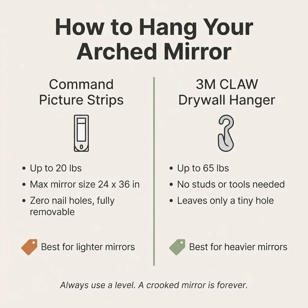 Infographic comparing Command picture hanging strips and 3M CLAW drywall hangers for hanging arched mirrors, showing weight limits of 20 lbs and 65 lbs respectively, renter-friendly guide