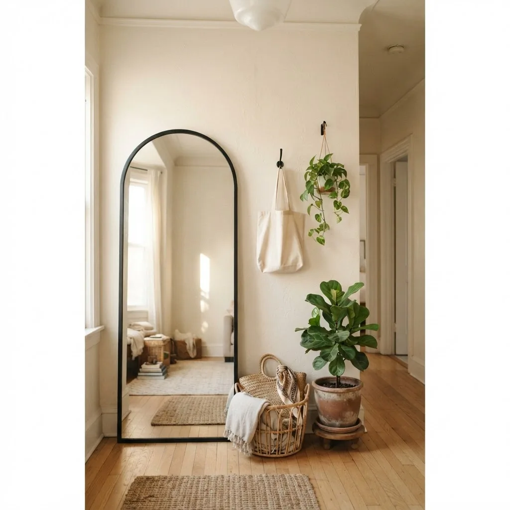 Full-length arched mirror leaning against a light wall in a narrow rental entryway, styled beside a small rattan basket and potted plant, warm natural morning light