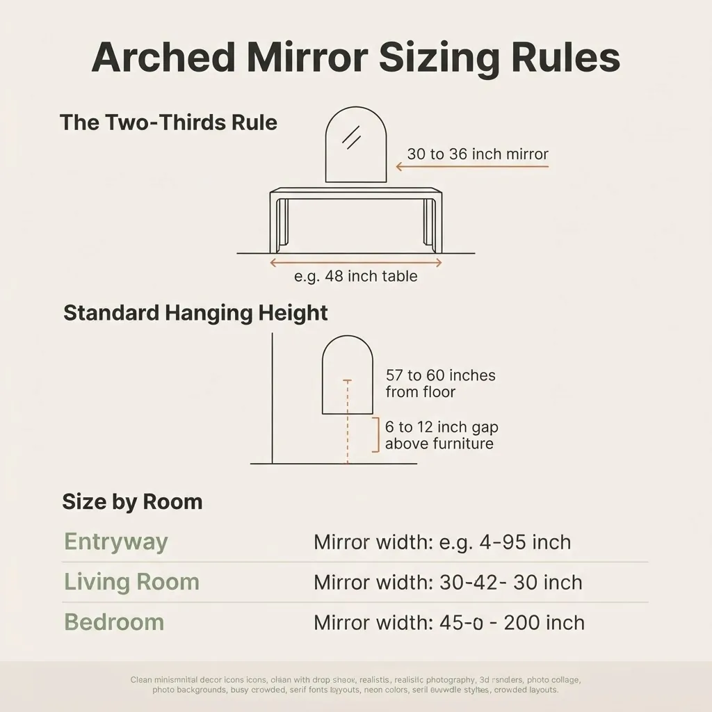 Infographic showing arched mirror sizing rules including the two-thirds rule, standard hanging height of 57 to 60 inches from floor, and 6 to 12 inch gap above furniture
