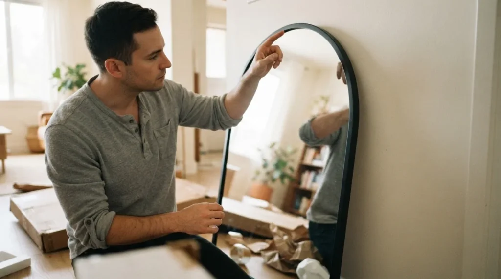 Hands carefully inspecting a large arched floor mirror frame and glass surface during unboxing in an apartment entryway, checking for shipping damage
