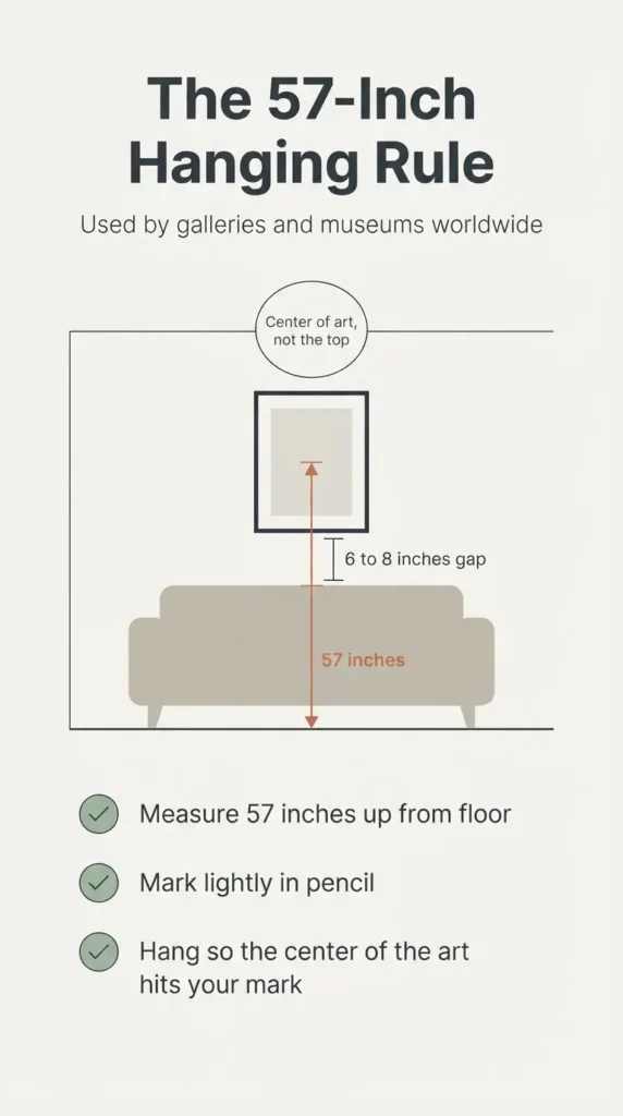 diagram showing 57 inch art hanging height rule with furniture clearance measurements for botanical prints