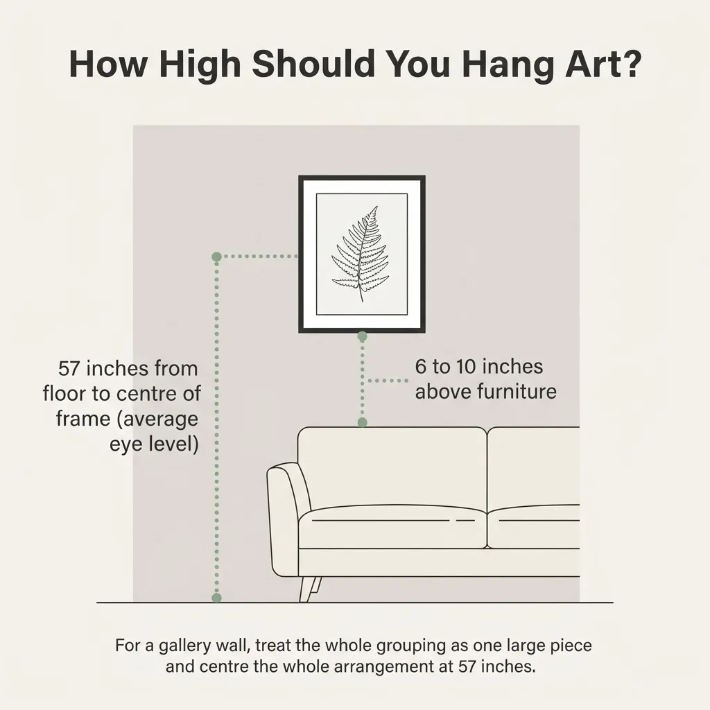 Clean diagram showing the 57-inch eye-level art hanging rule with a wall, a framed piece centered at 57 inches from the floor, and measurement labels