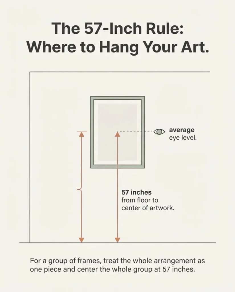 Infographic diagram showing the 57 inch from floor art hanging rule and 6 to 8 inch gap above furniture with measurement labels for renters