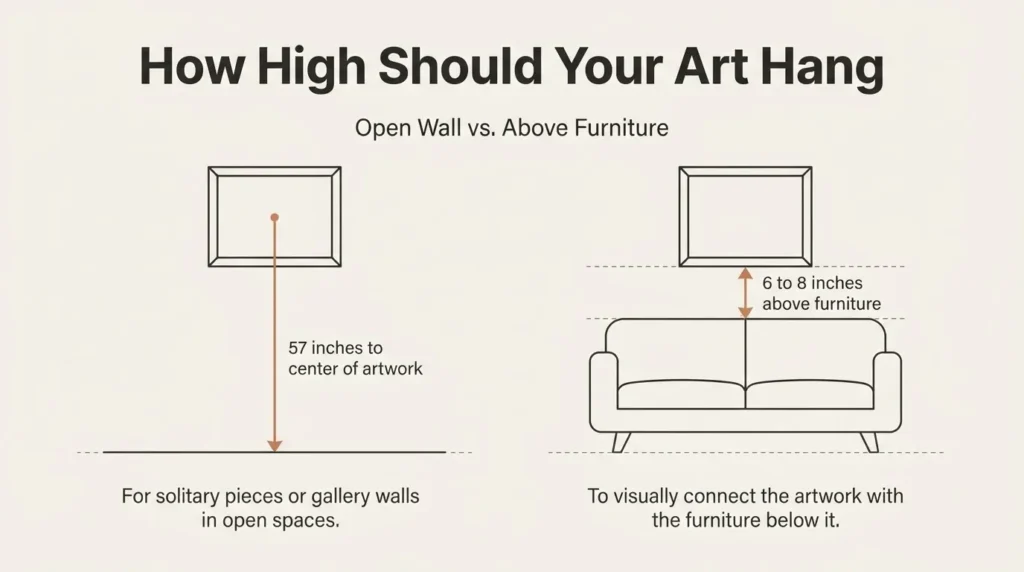 Diagram showing correct art hanging height above a sofa, 57-inch center rule on an open wall and 6 to 8 inches above furniture top, with labeled measurement lines