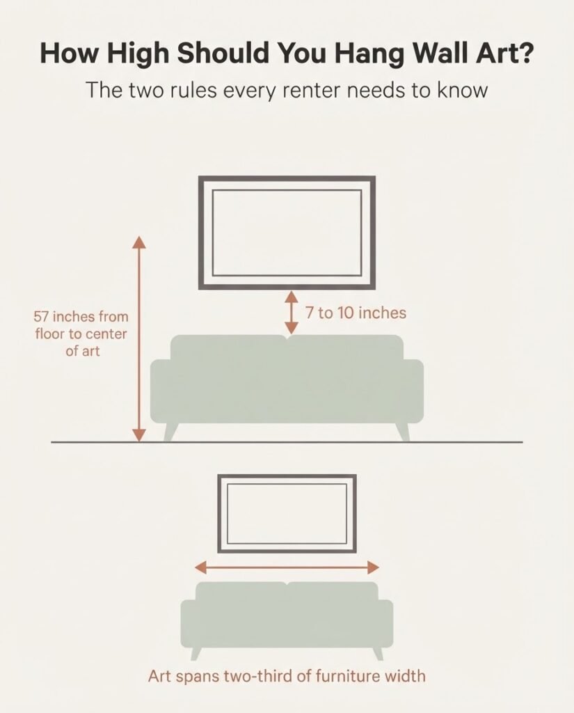Diagram showing the 57-inch art hanging rule, furniture spacing of 7 to 10 inches, and two-thirds width proportion guideline for renter wall art