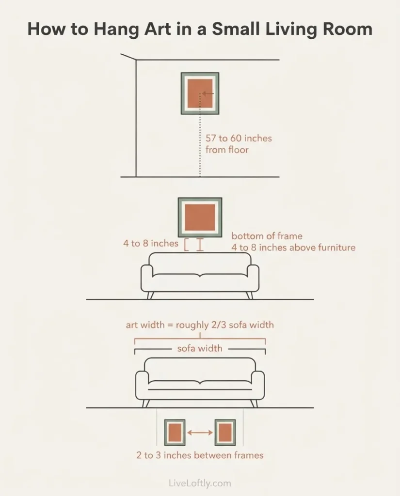 Infographic diagram showing the 57-inch art hanging rule, the two-thirds proportion rule above a sofa, and 2 to 3 inch gallery wall frame spacing guide