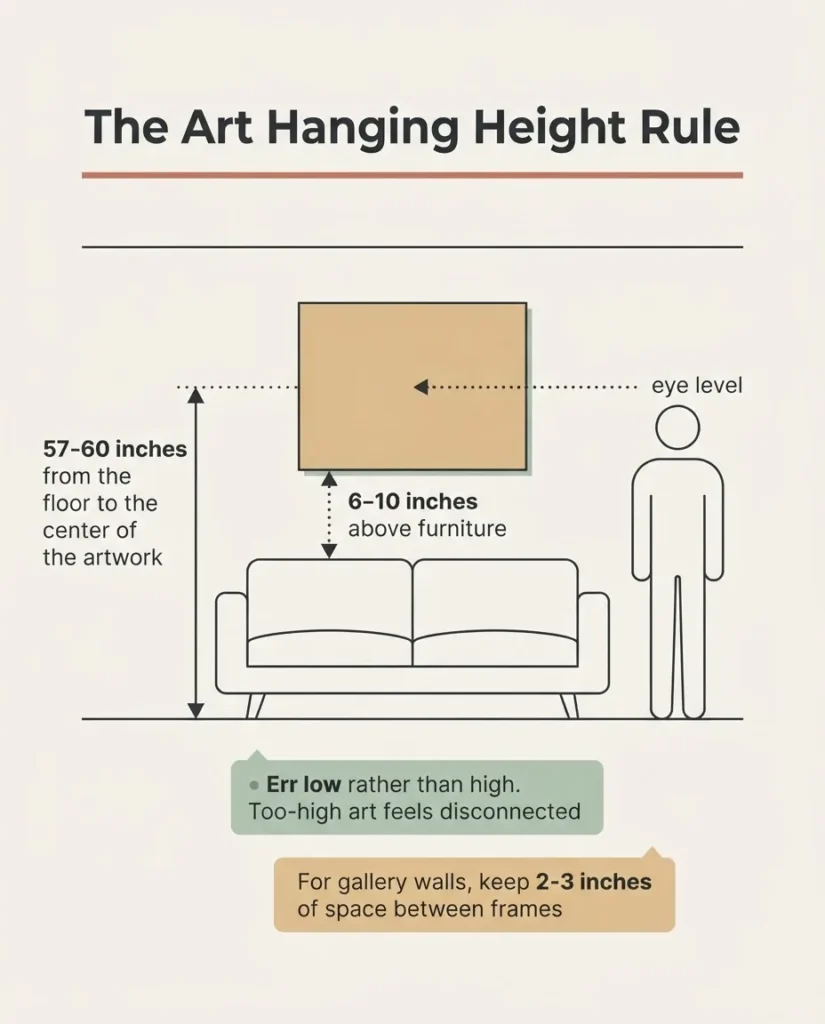 Infographic showing the 57 to 60 inch eye level art hanging height rule above a sofa, with measurements for canvas placement and furniture spacing for renters