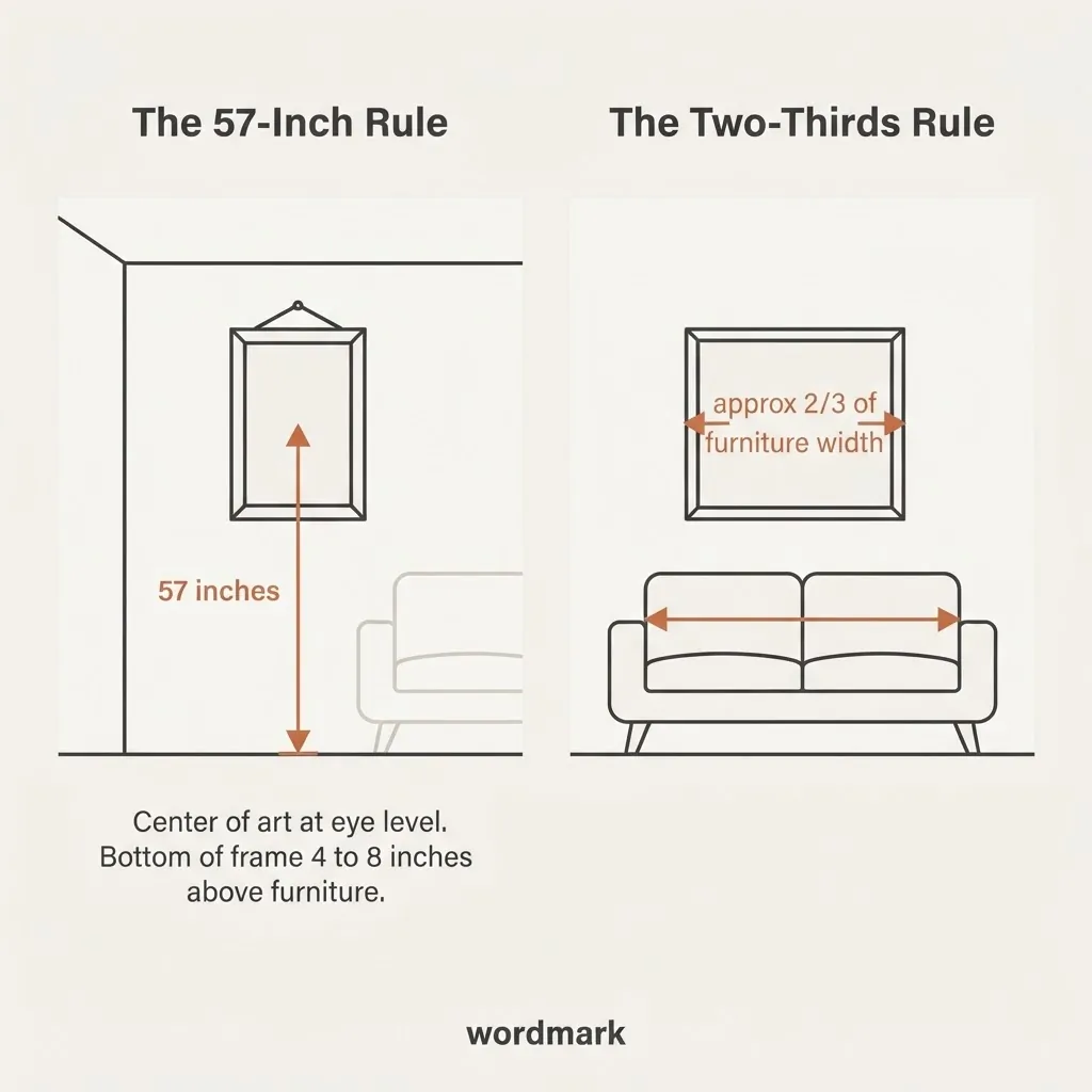 Infographic showing the 57-inch center-of-artwork rule and two-thirds furniture width rule for hanging framed art in a rental apartment, minimalist flat design