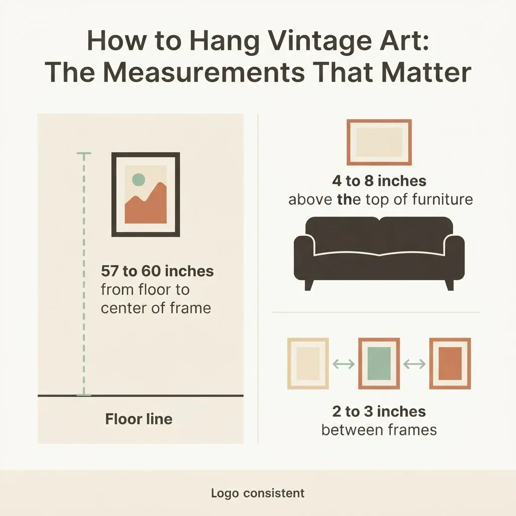 Infographic diagram showing standard art hanging height of 57 to 60 inches from floor and 4 to 8 inches above furniture, with frame spacing guidelines for renters