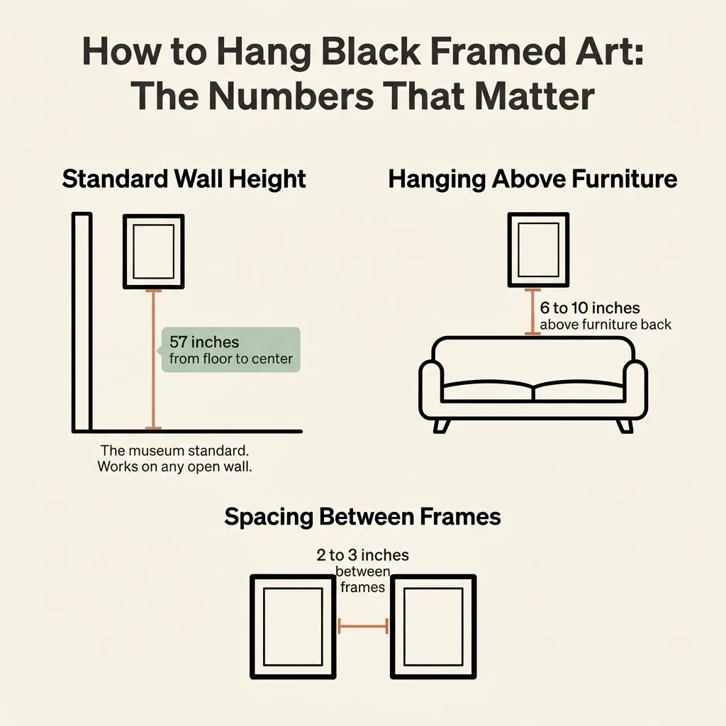 Diagram showing the 57-inch art hanging height rule above furniture spacing and 2 to 3 inch gallery wall frame spacing for black framed wall art