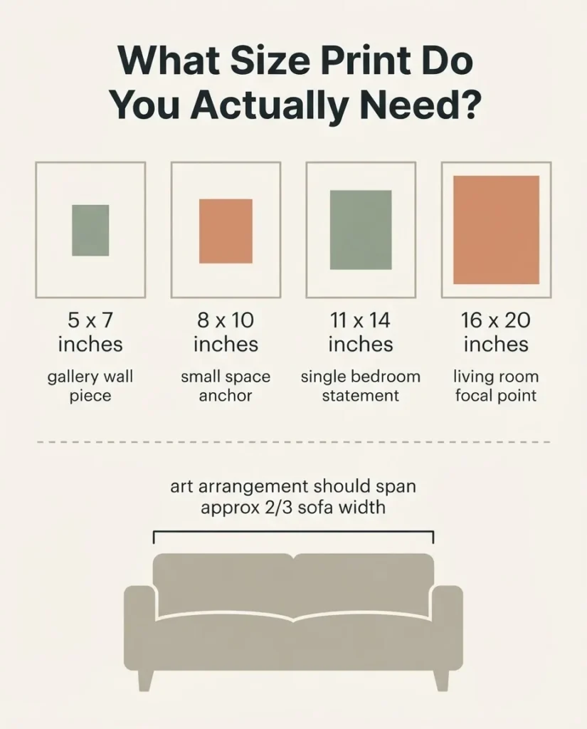 Infographic diagram comparing common art print sizes 5x7 8x10 11x14 and 16x20 shown to scale against a wall silhouette with labels for small space and gallery wall use