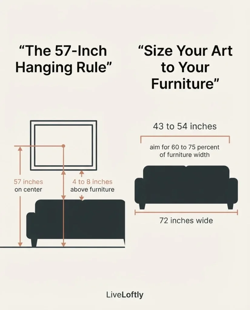 Infographic diagram showing the 57-inch art hanging height rule and the 60 to 75 percent furniture-width sizing formula for minimalist wall art placement