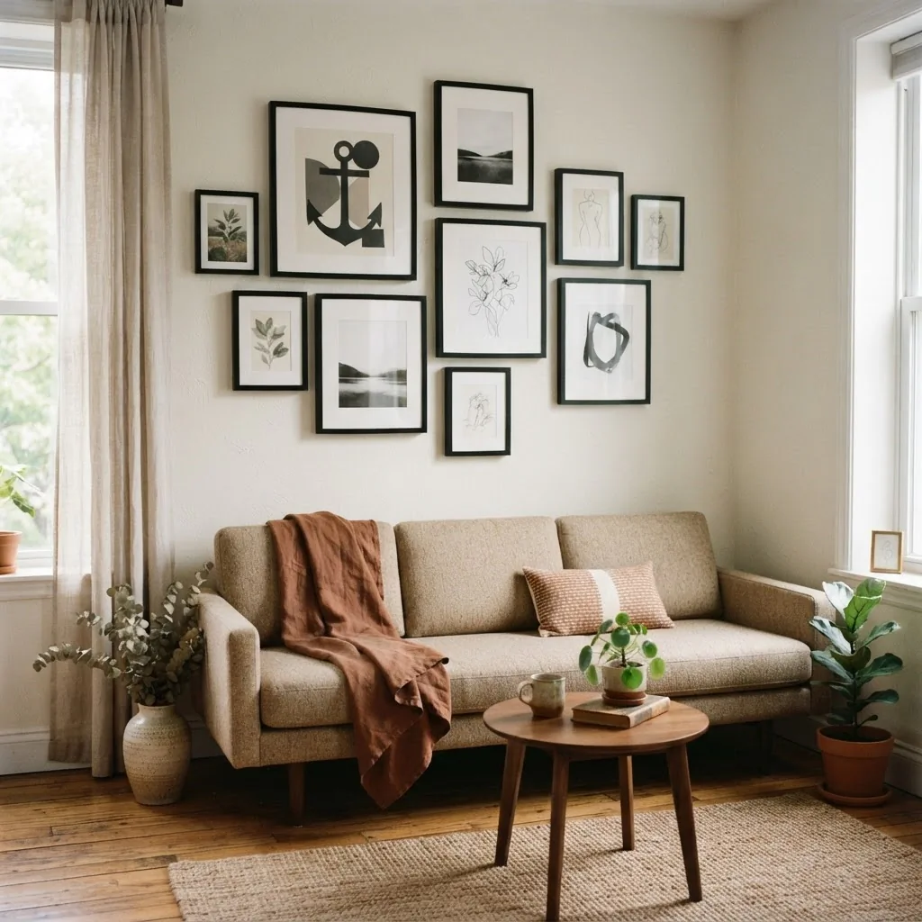 Organic gallery wall of mixed-size black frames with white mats on a warm white wall in a small modern apartment living room