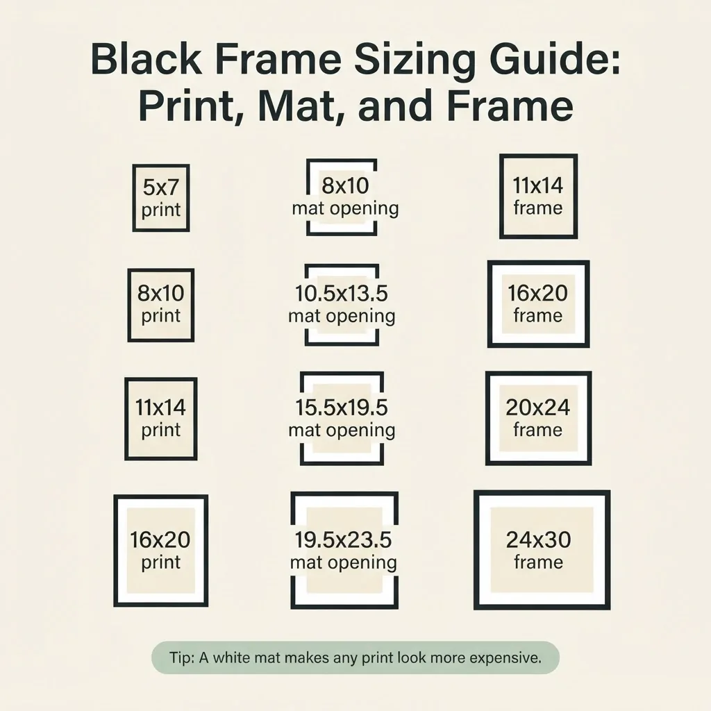 Infographic diagram showing standard black frame sizes and white mat proportions for 5x7 8x10 11x14 and 16x20 art prints