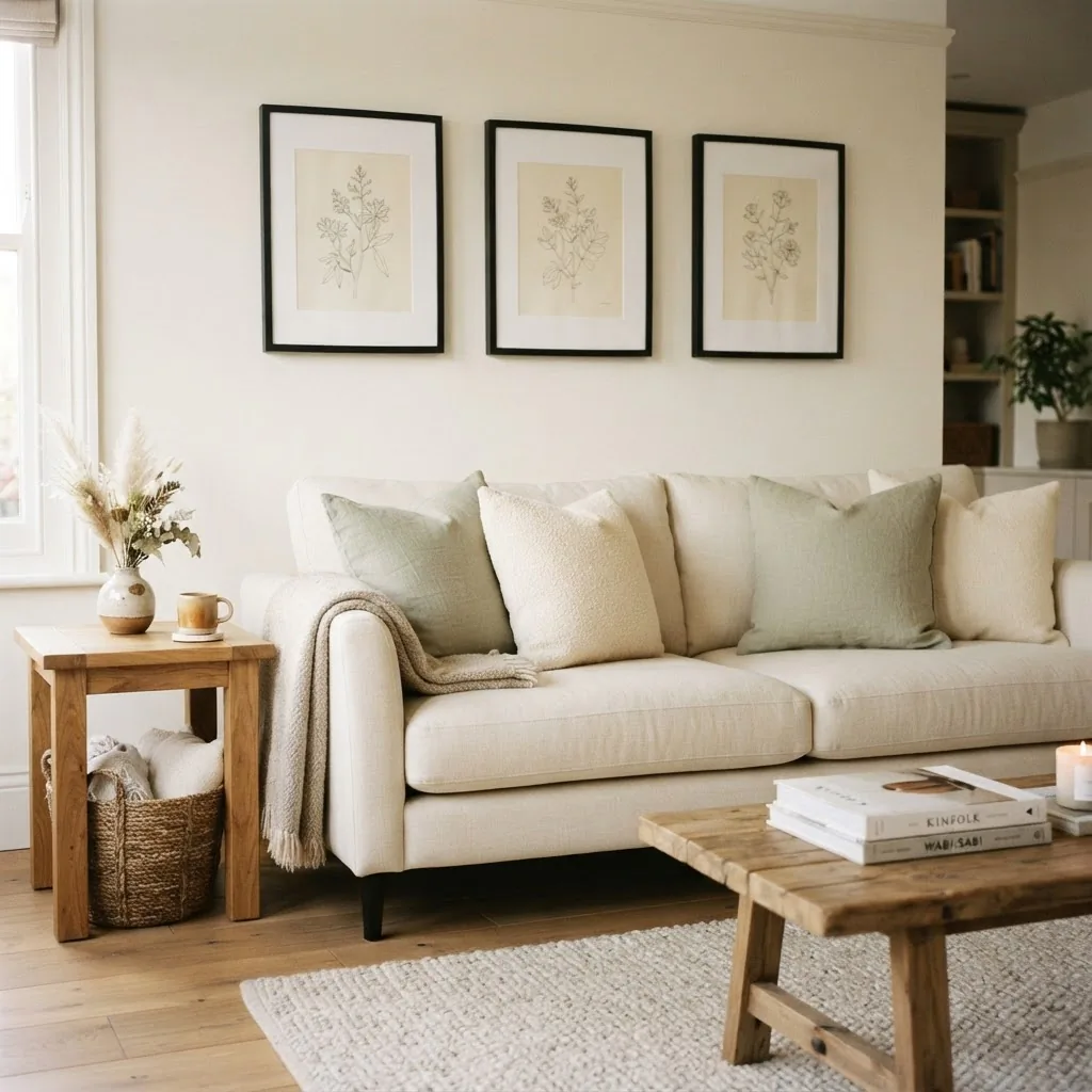 Three black framed botanical prints with white mats styled above a cream linen sofa in a calm modern living room