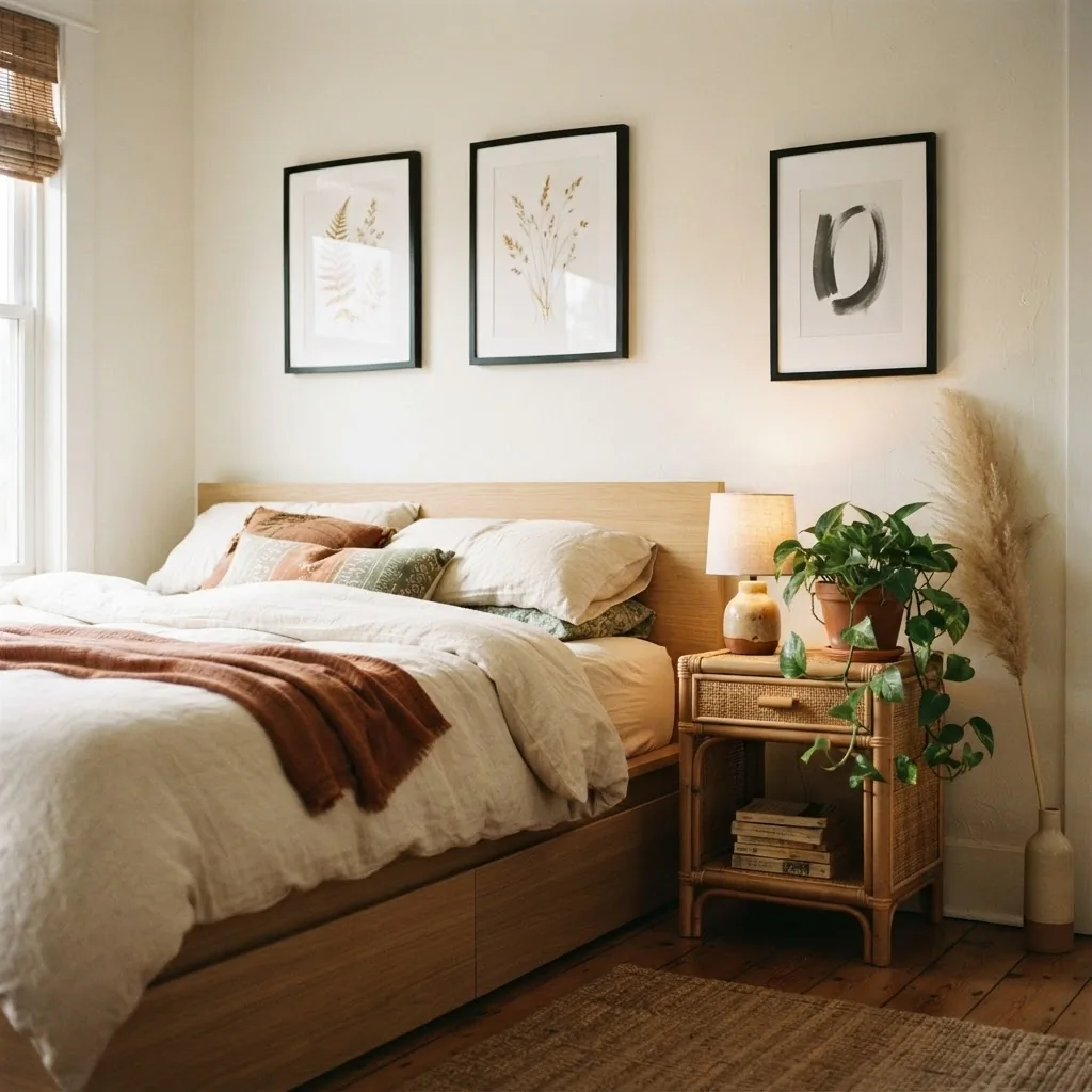 Black framed botanical and abstract line art prints styled with rattan furniture linen textiles and dried botanicals in a warm boho bedroom