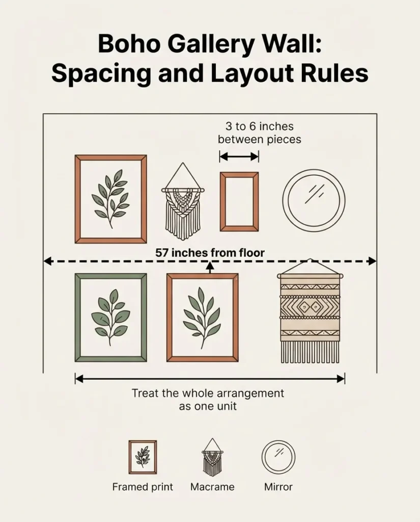 Infographic diagram showing boho gallery wall spacing rules, 57-inch hanging height center line, 3 to 6 inch gap between frames, and mixed format layout with macrame and framed prints