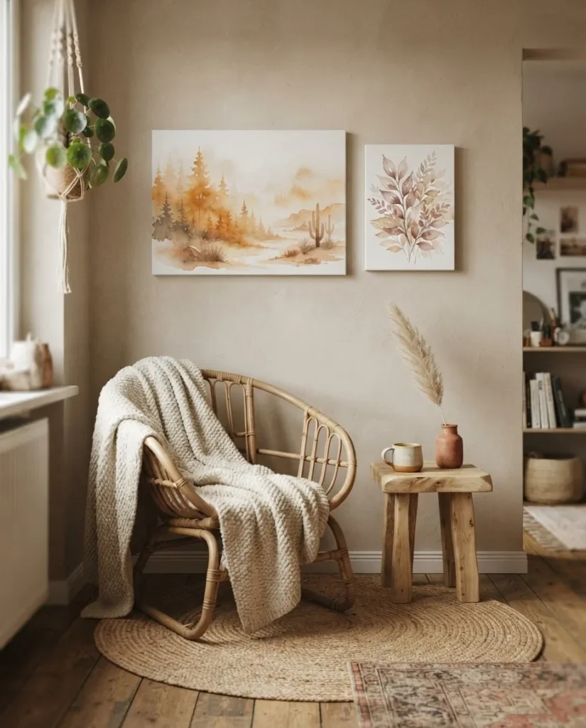 Boho apartment corner with warm-toned forest and botanical nature canvas prints above a rattan chair, terracotta accents, jute rug, soft natural light