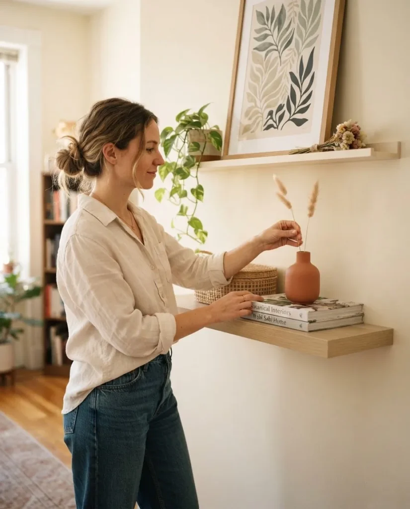 Woman with natural light-brown hair in linen clothing arranging dried pampas grass and small ceramic vases on a floating shelf below a leaned boho print in a bright apartment, candid natural light