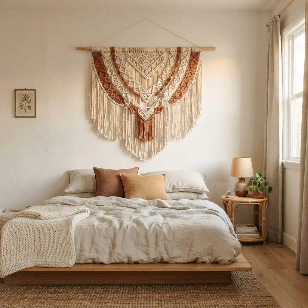 Large woven tapestry hung on a rental bedroom wall above a bed layered with neutral throw pillows and a linen blanket in warm boho tones