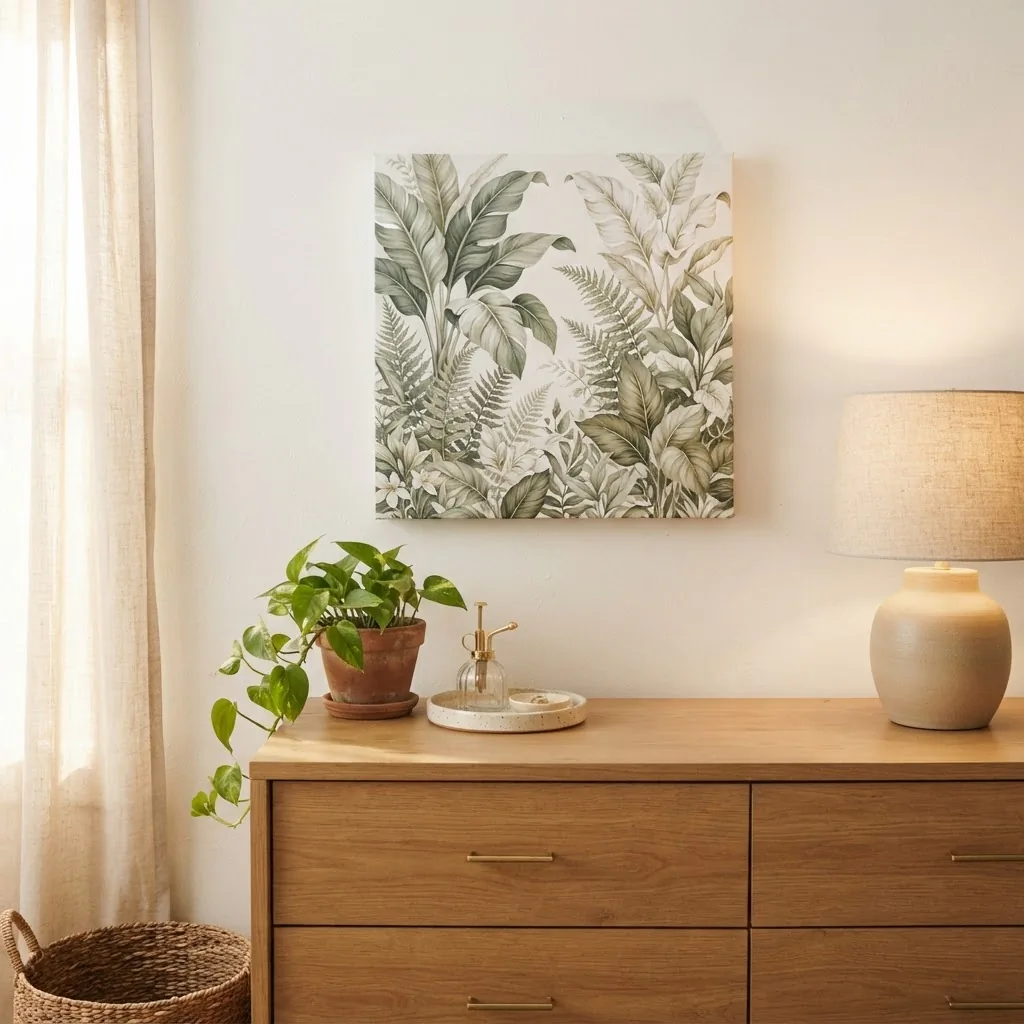 Botanical canvas print hung above a wooden bedroom dresser styled with a small ceramic tray, a trailing plant, and a warm-toned lamp in soft natural light