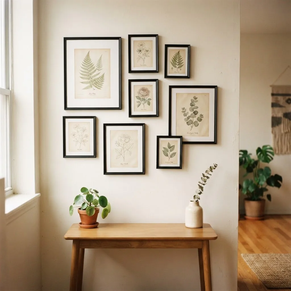 mixed-size framed botanical prints arranged in organic gallery wall cluster on white rental apartment wall