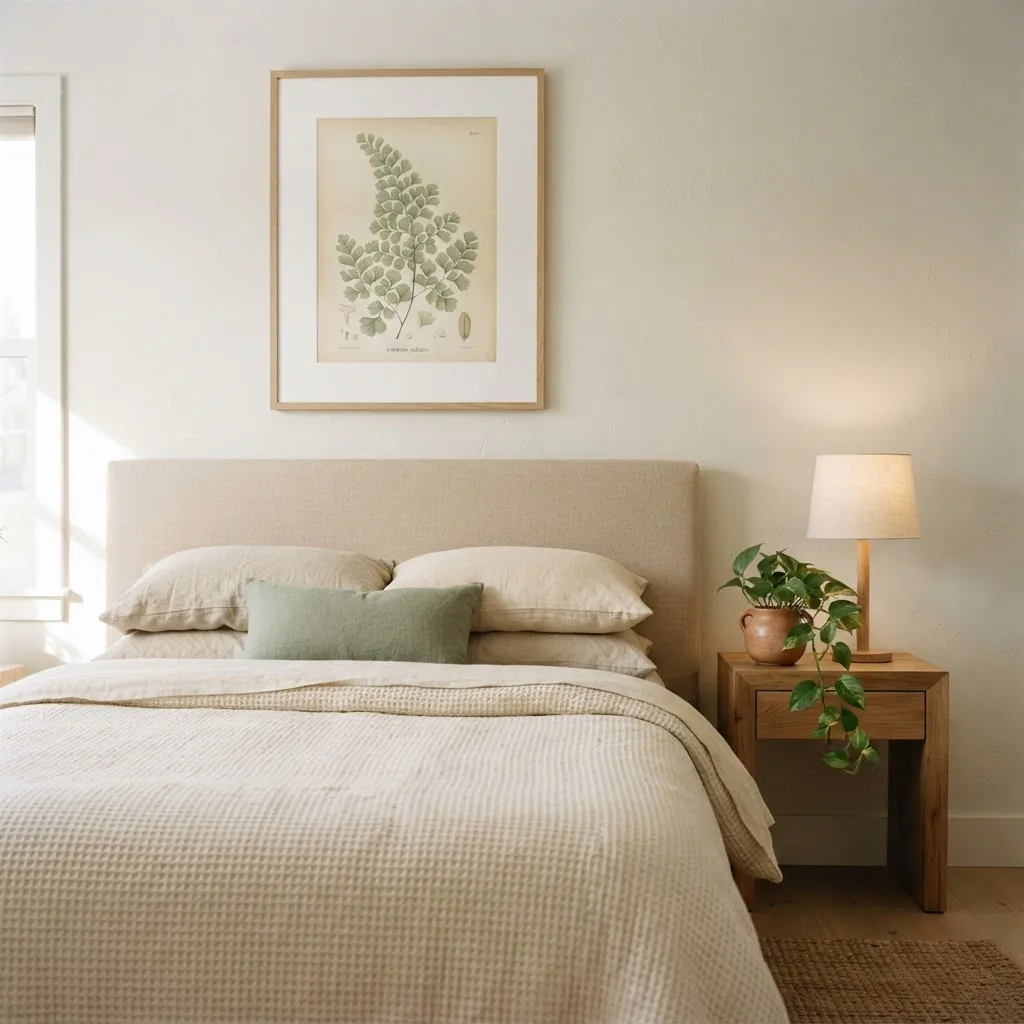 single large framed botanical print centered above linen headboard in calm neutral bedroom with natural light