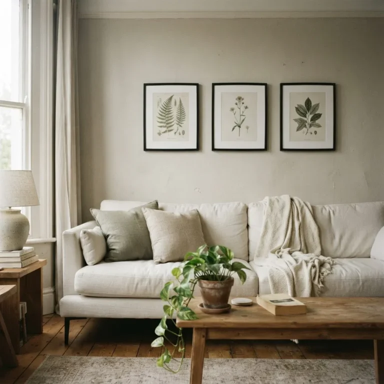 framed botanical prints gallery wall above cream linen sofa in warm natural light rental living room