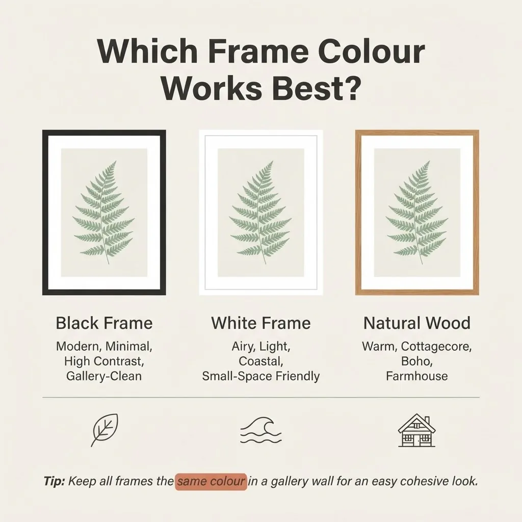 infographic comparing black white and natural wood frames for botanical prints with style pairing notes