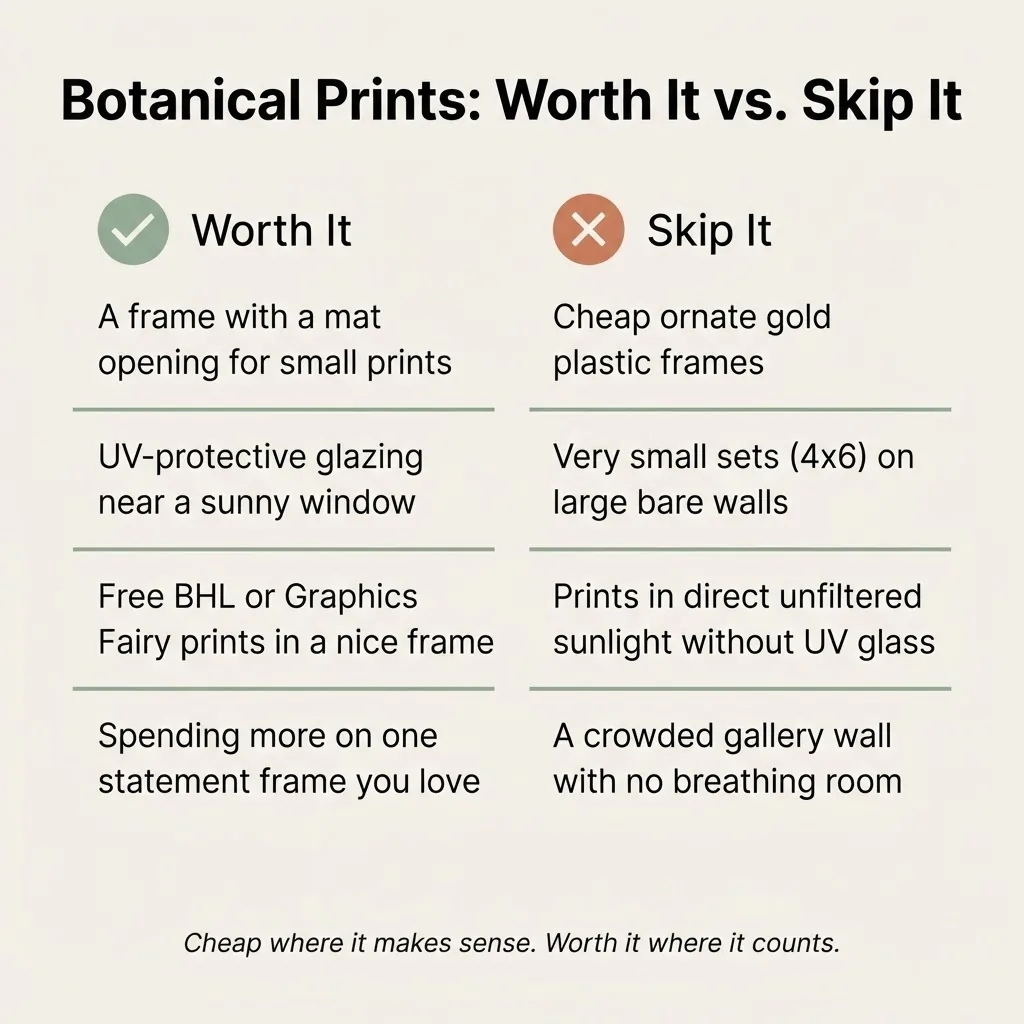 worth it vs skip it checklist infographic for buying and framing botanical prints on a budget
