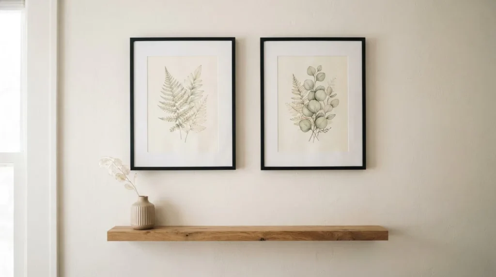 Close-up styled vignette of two framed botanical art prints in matching matte black frames on a warm white wall above a wooden shelf with a small neutral vase