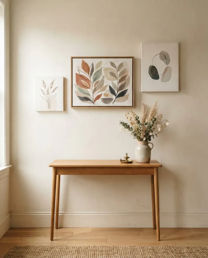 Three small and medium canvas prints arranged on a light-painted apartment wall above a simple wooden console table showing real-room grouping and scale