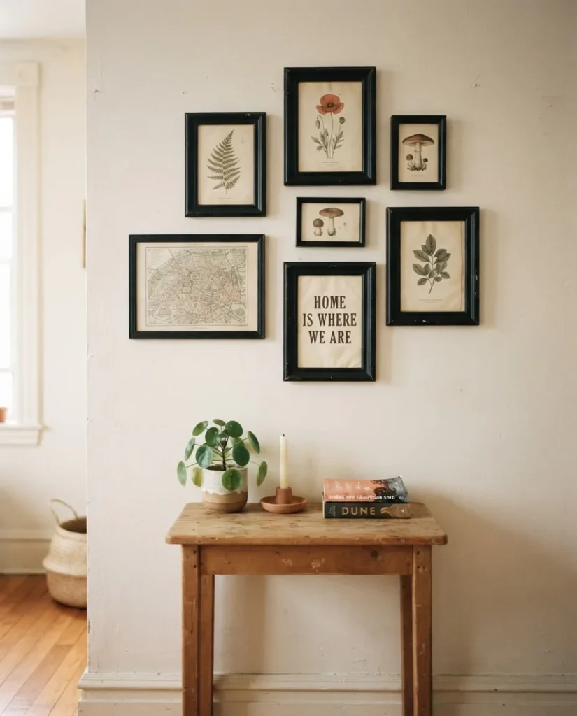 Budget gallery wall with thrifted black frames and botanical prints above a small console table in a rental apartment